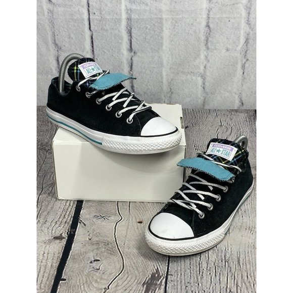 Converse All Star Double Tongue Low Black Teal Plaid 655324F Women Sz 5 - Picture 3 of 12